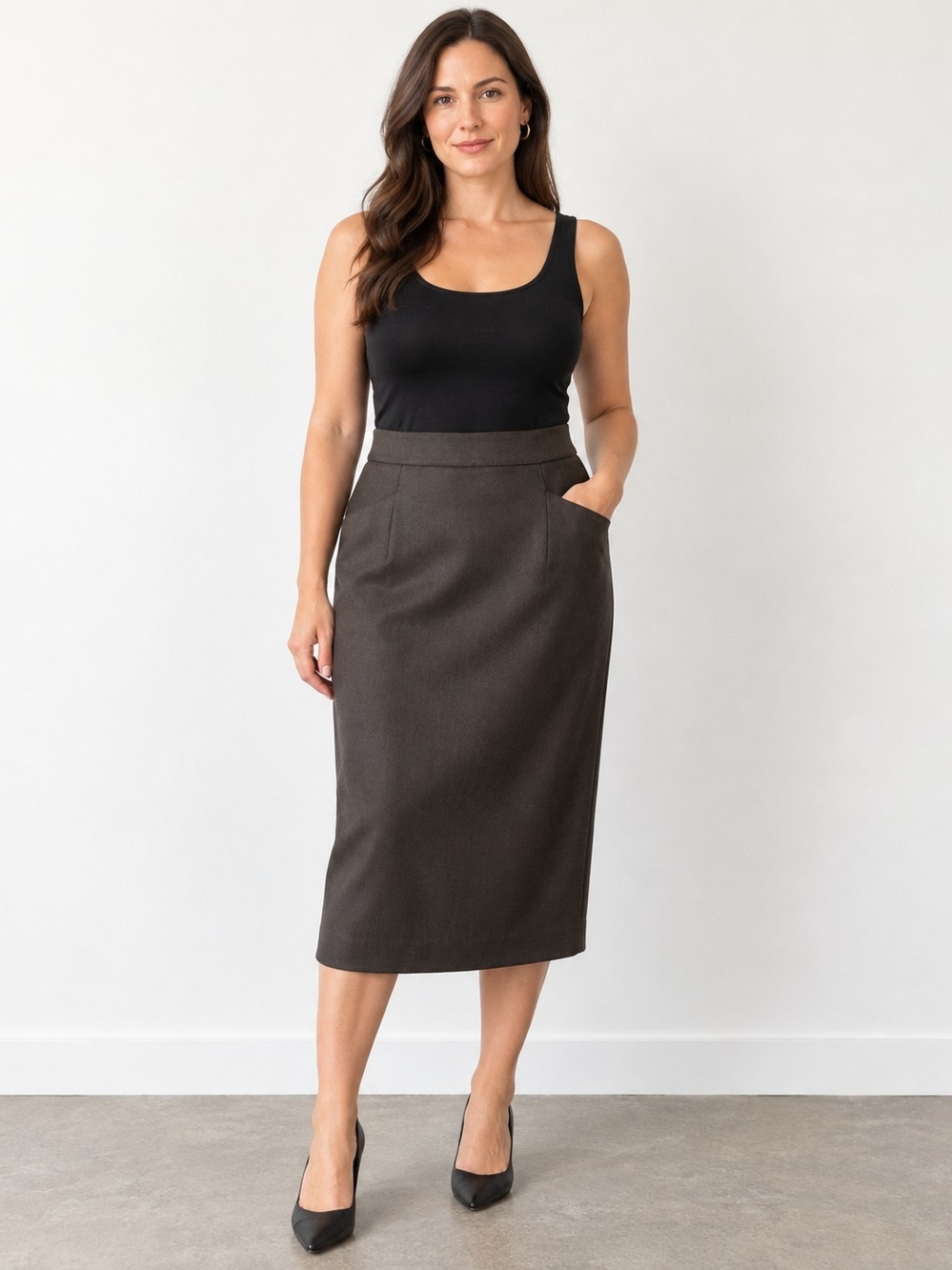 Jones Basics 100% Wool Midi Pencil Skirt Charcoal Olive Brown 18W